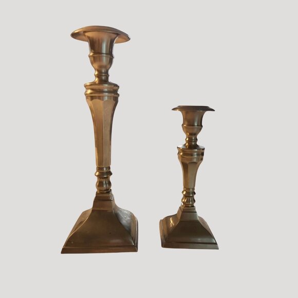 VTG Brass Candlestick Holders Set Of 2 Square Base Tapered Design India - Picture 1 of 5